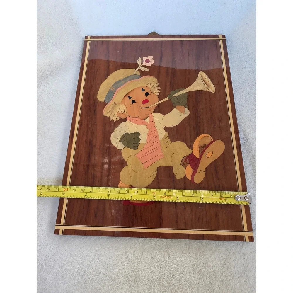 Vintage Italian Marquetry Wood Inlay Clown Wall Plaque Sorrento Style Art 10x8